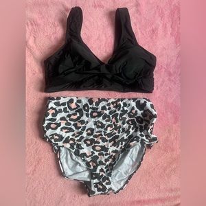 Leopard Print/Black Two Piece Swim Suit